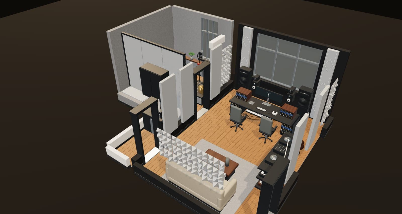 Model of the Antenna Studios room seen from above: main room, booth and kitchenette